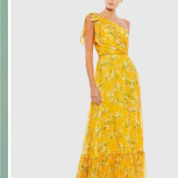MAC DUGGAL ボウワンショルダーイブニングドレス Multicolor One Shoulder Brocade Floral Dress With Bow | Mac